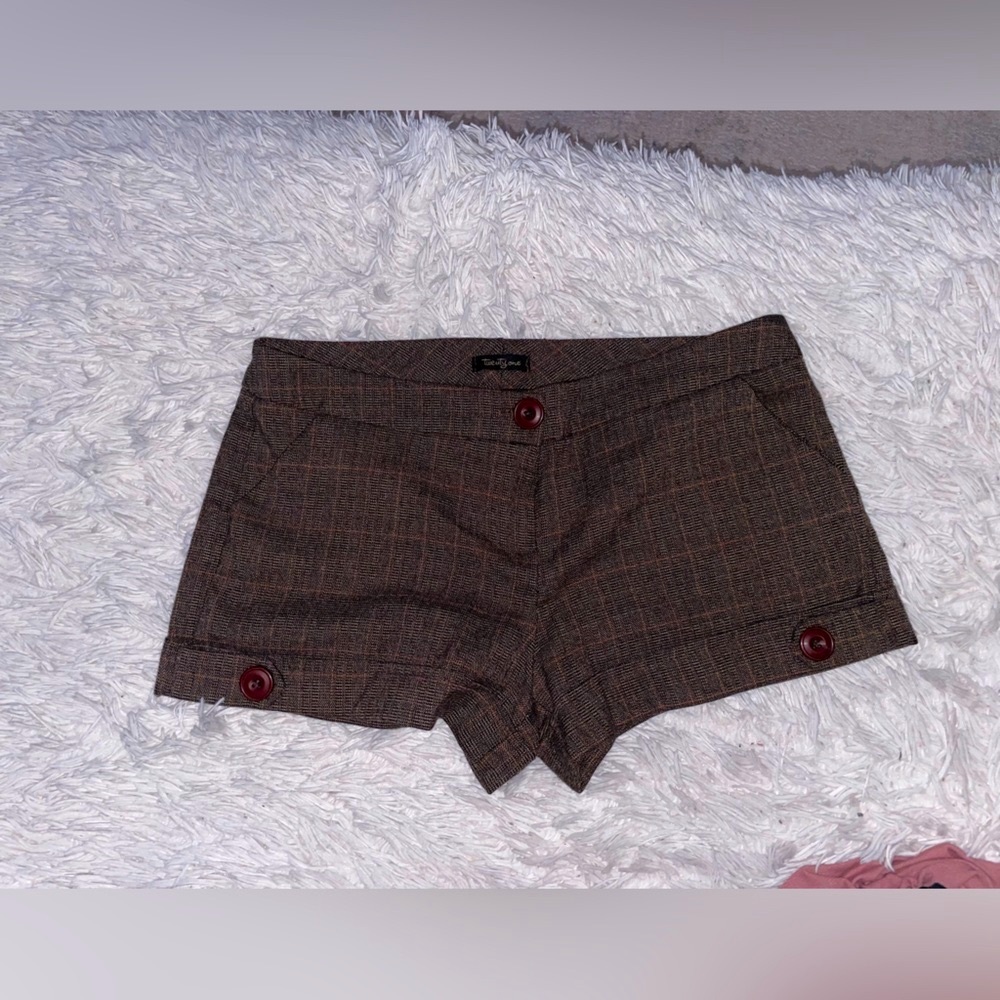 Brown Plaid Skirt with Button Accents